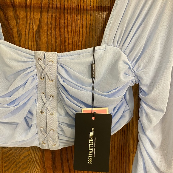 PLT- Light Blue Ruched Lace Up Detail Mesh Crop Top - Picture 8 of 8